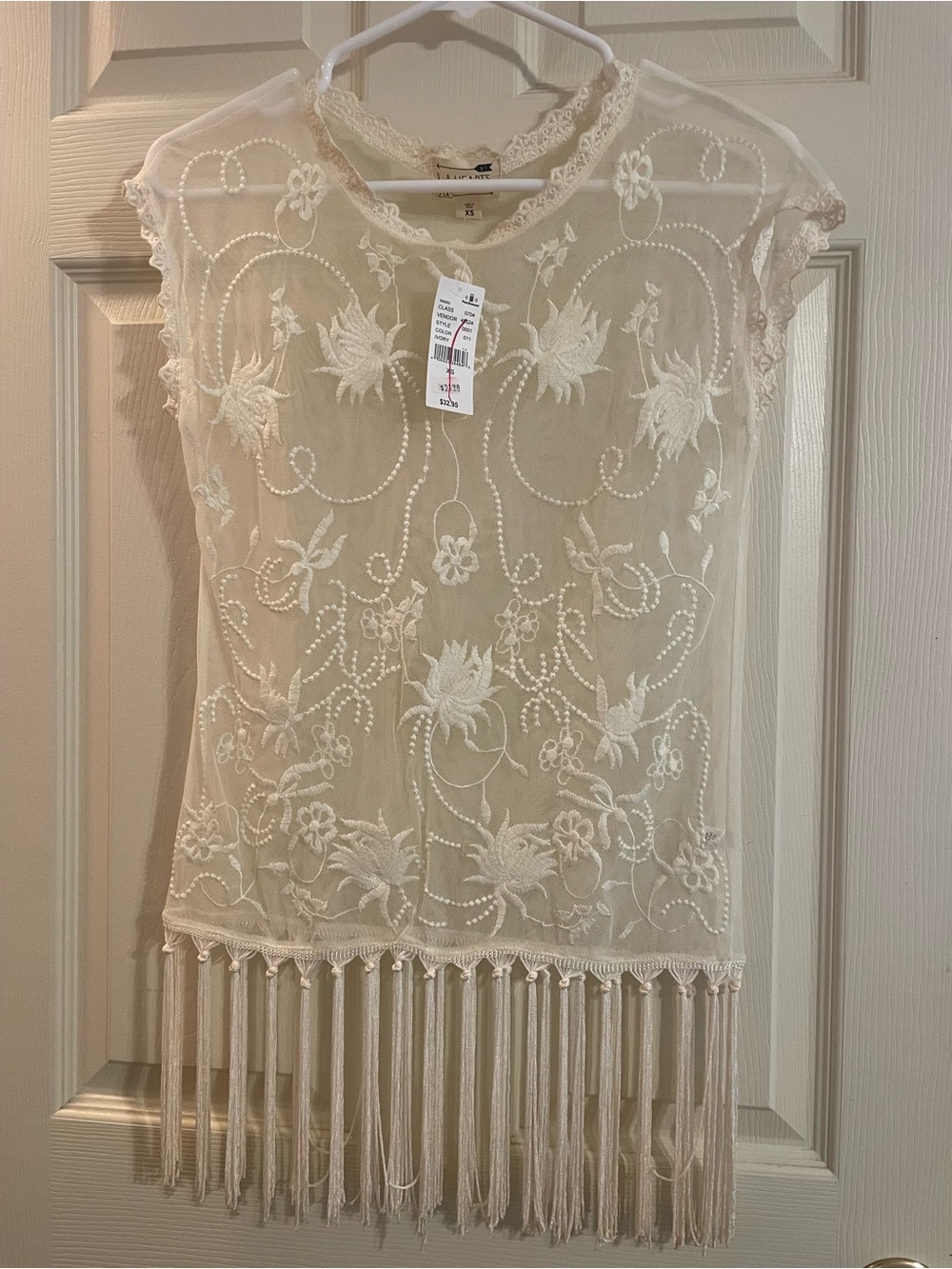La Hearts Cream Sheer Lace Fringe Cap-Sleeve Top